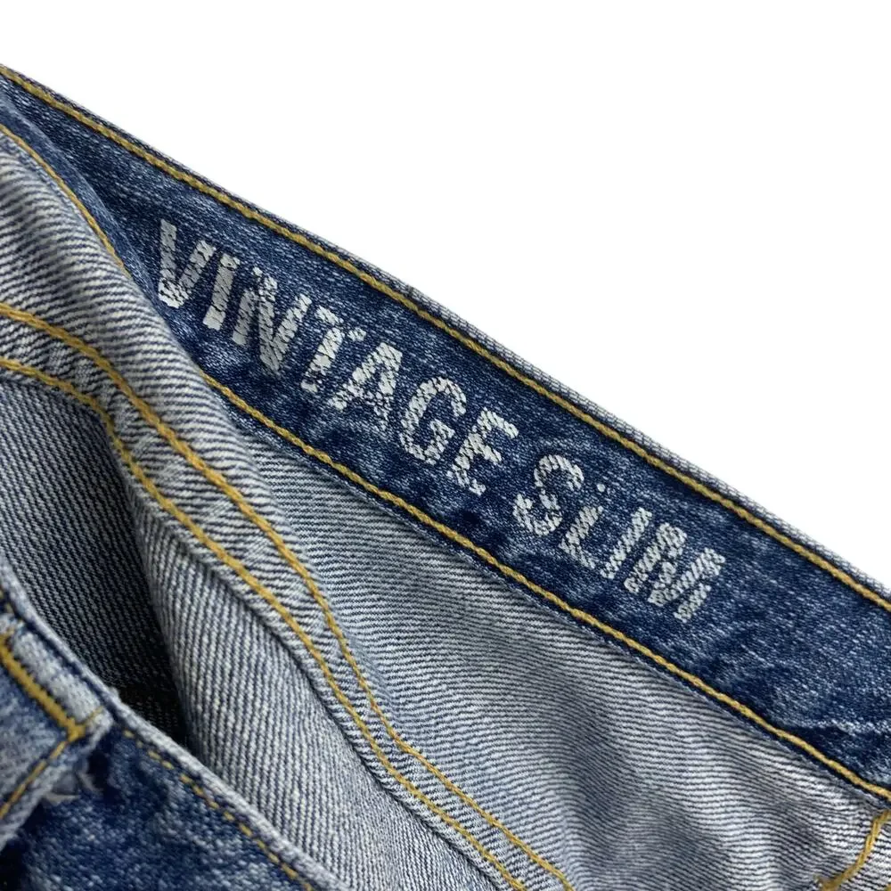 JCREW Vintage Slim Jeans Size 32X33 Destroyed Holes 100% Cotton Blue Paint Denim